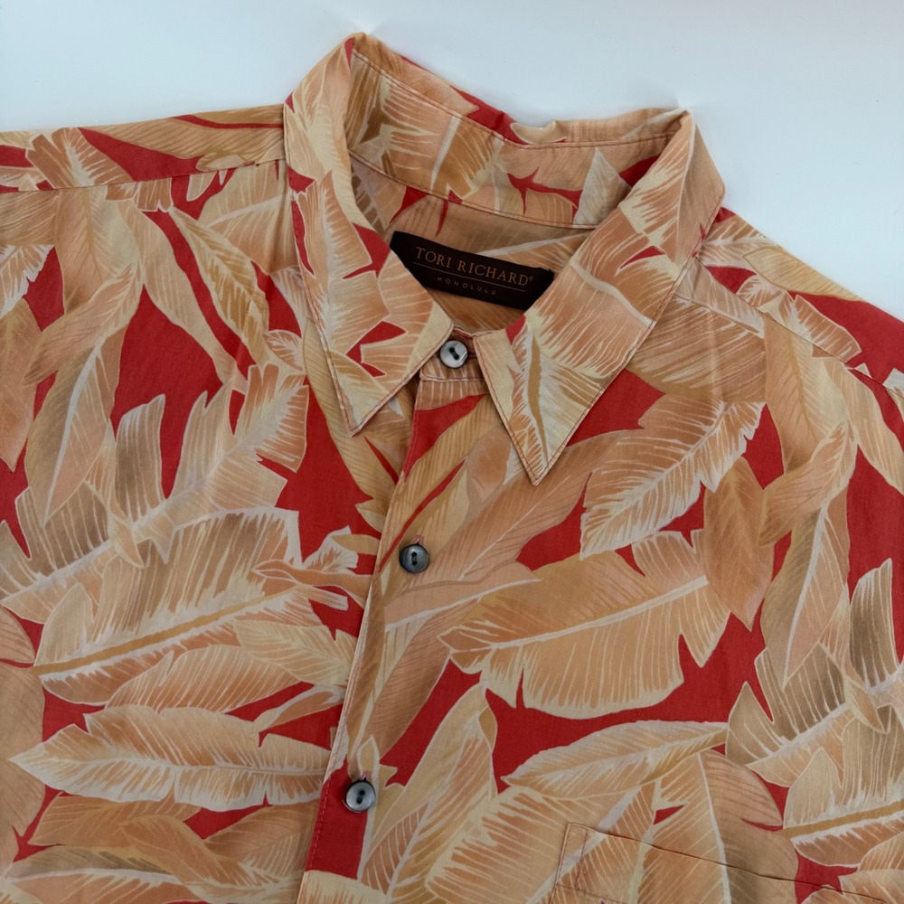 Tori Richard Button Down Shirt Mens XL Orange Tropical Leaf Cotton Lawn USA